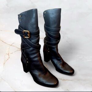 Chloe Black Leather Mid-Calf Heeled Boots with Wrap Strap